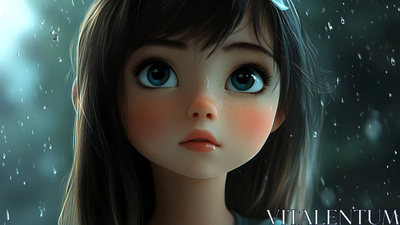 Sad anime girl portrait with rain and large teal eyes.
