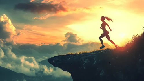 Silhouette runner on cliff edge at vivid sunset sky.