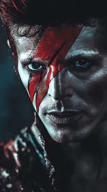 Portrait shows intense face with red lightning bolt makeup