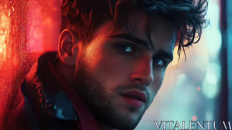 Moody neon-lit male portrait with cinematic shallow depth of field
