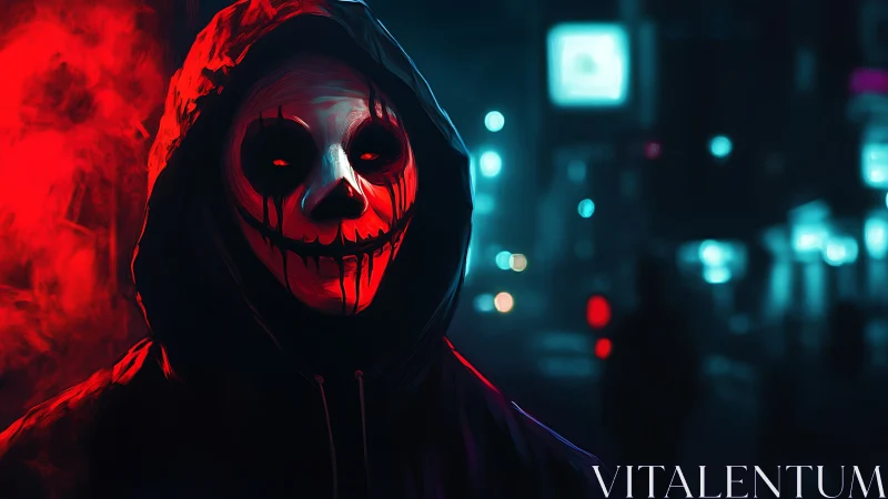 Hooded skull mask in neon lit night alleyway scene.