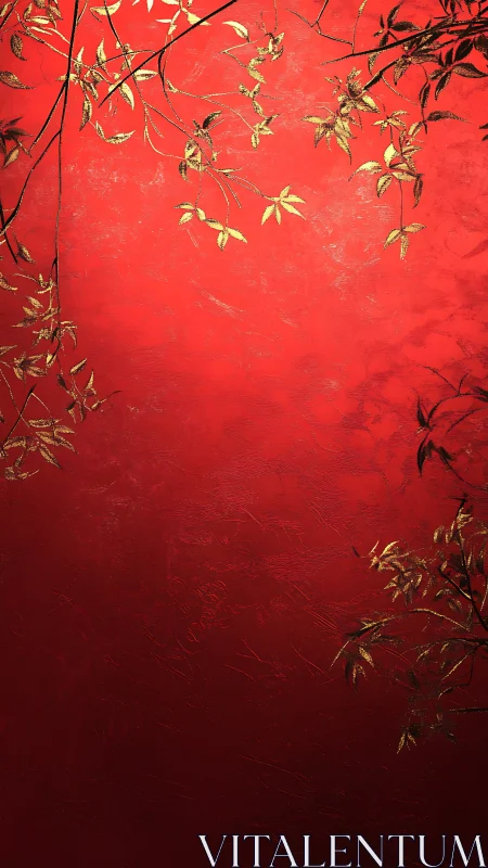 Golden foliage drapes across textured crimson backdrop.