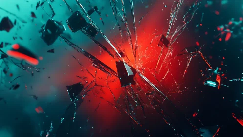 Shattered glass explosion over vivid cyan red light core.
