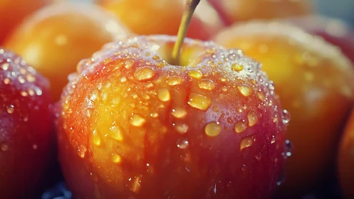 Juicy red apples glistening with fresh morning dew drops.