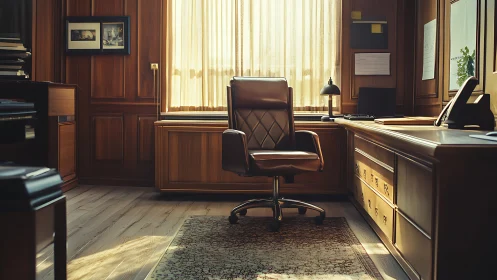 Leather swivel chair is centered in a wood-paneled office