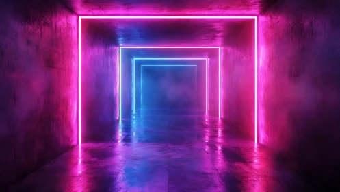 Neon-lit reflective corridor with magenta and cyan rectangular frames