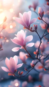 Backlit magnolia blossoms with soft bokeh at sunrise
