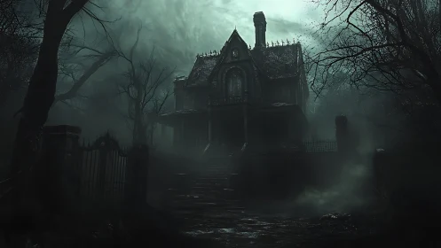 Gothic haunted mansion looms in fog under a stormy night sky