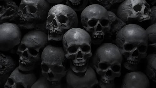 Moody skull collection glowing softly in deep shadowed tones.