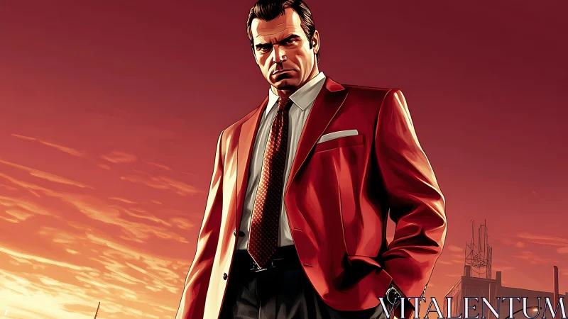 Sunset skyline frames a confident man in a red suit