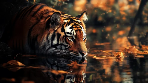 Tiger lowers head to reflective autumn forest water