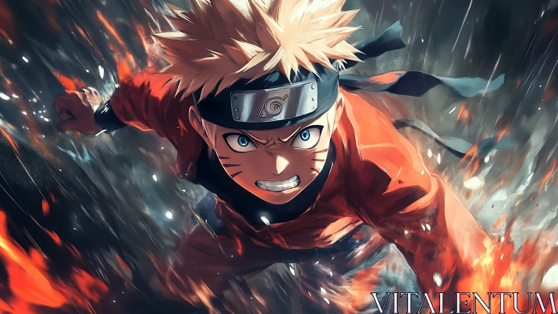 Blonde ninja streaks through firestorm with fierce resolve.