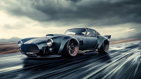 Stormy highway classic car racing through silver rain-soaked light.