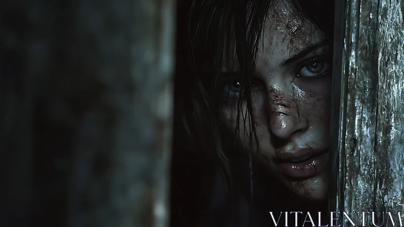 Storm-soaked survivor peers out from the shadows, unbroken.