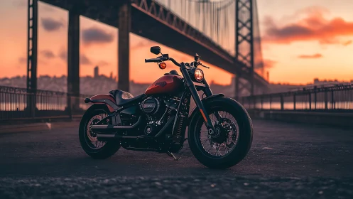 Sunset cruiser motorcycle under steel suspension bridge