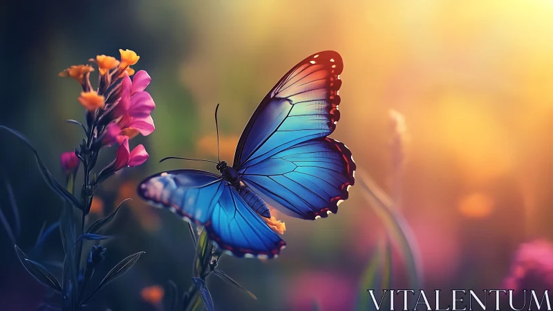 Digital painting of blue butterfly on flowers at dusk glow.