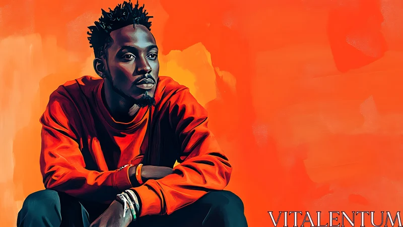 Portrait shows seated figure in red against uniform orange ground