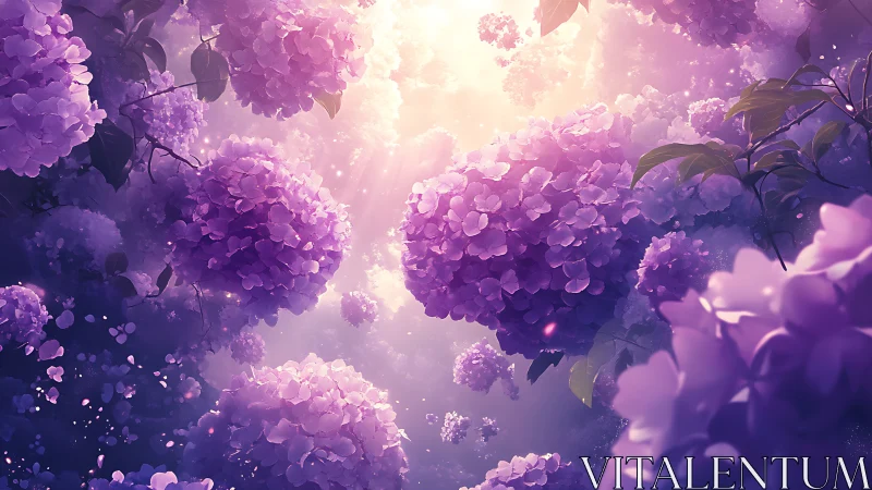 Purple hydrangea florals in atmospheric light.