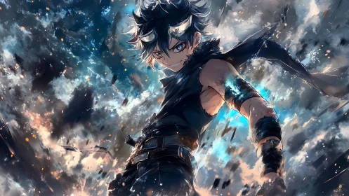 Stormforged anime warrior ignites a sky of shattered starlight.