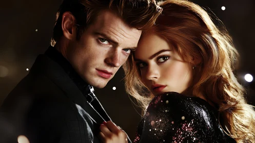 Cinematic close-up of glamorous couple in dramatic low-key lighting