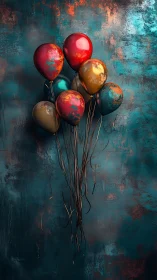 Metallic balloons suspended against distressed turquoise backdrop.