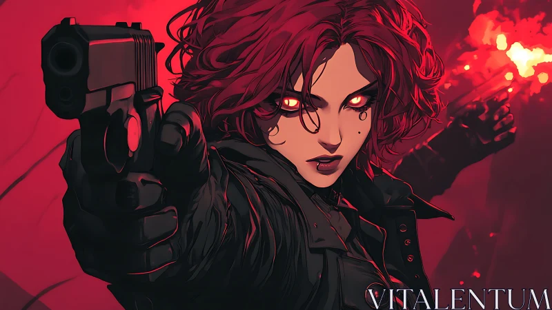 Crimson-eyed vigilante aims through neon-soaked urban fury.