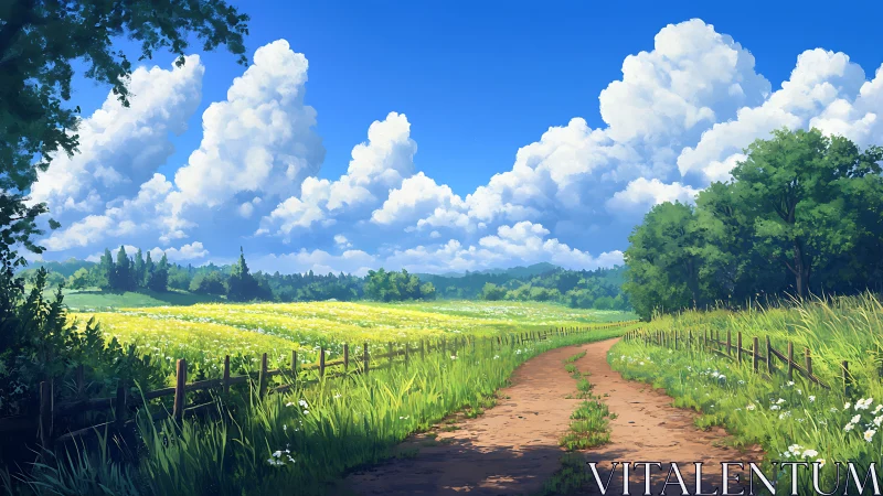 Sunlit country path wandering through wildflower daydreams.