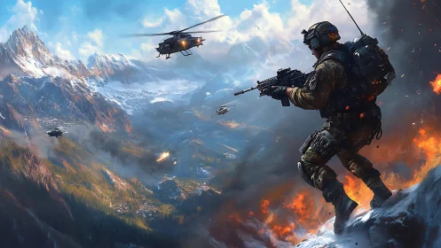 Tactical infantry overwatch monitors rotary-wing assault in alpine theater