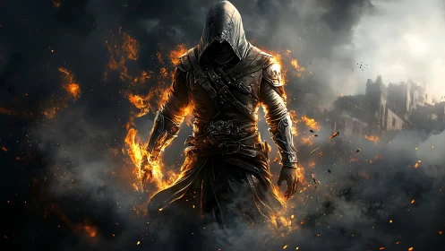 Hooded armored figure walks through dense smoke and fire