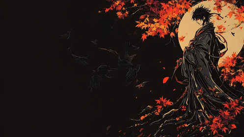 Samurai silhouette under blood moon and crimson maple canopy.