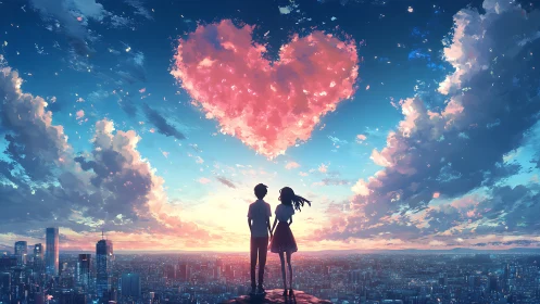 Silhouetted figures observe stylized heart-shaped cloudscape