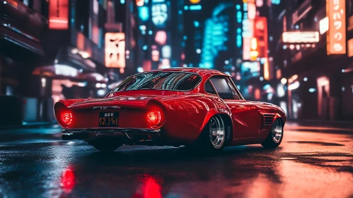 Red sports coupe rendered on wet neon city street at night