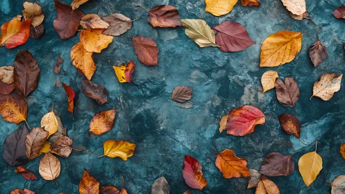 Scattered autumn leaves rest softly on textured teal stone