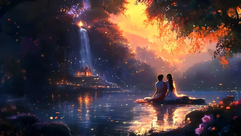 Two Hearts Share Magic Beneath a Glowing Waterfall