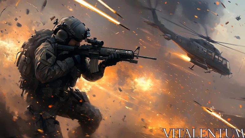 Soldier advances under fire as helicopter roars through chaos.