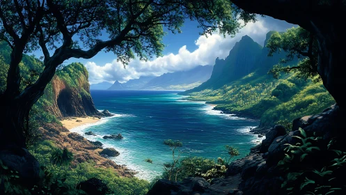 Tropical Coastal Cave Vista with Turquoise Lagoon and Volcanic Peaks
