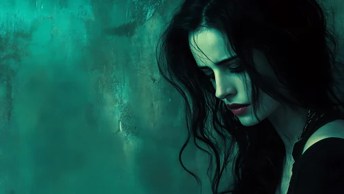 Side profile portrait of woman against teal textured wall.