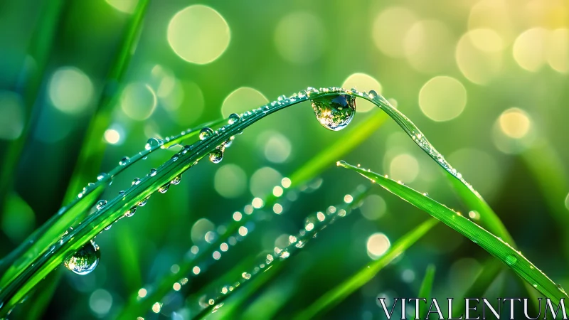 Macro dew drops on vibrant green grass with soft bokeh highlights.