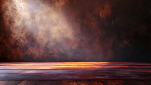 Golden spotlight on rustic wall and glowing wood floor backdrop.