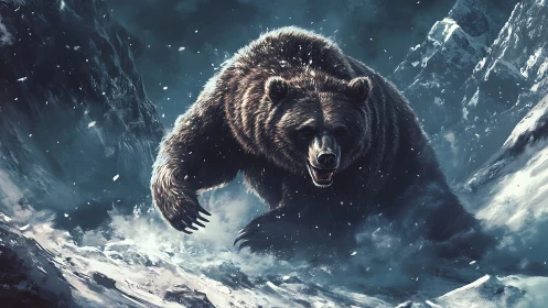 Storm-forged grizzly thunders through a blizzard of shards