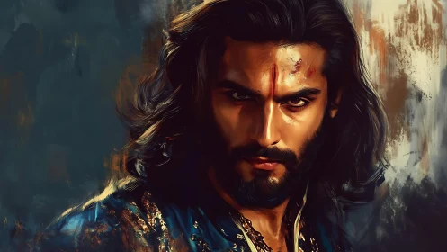 Intense warrior’s gaze in a richly painted dramatic portrait.