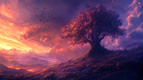 Solitary twilight tree crowns blazing violet horizon.