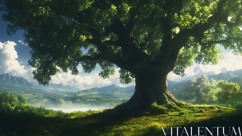 Large mature tree stands in foreground of detailed valley scene