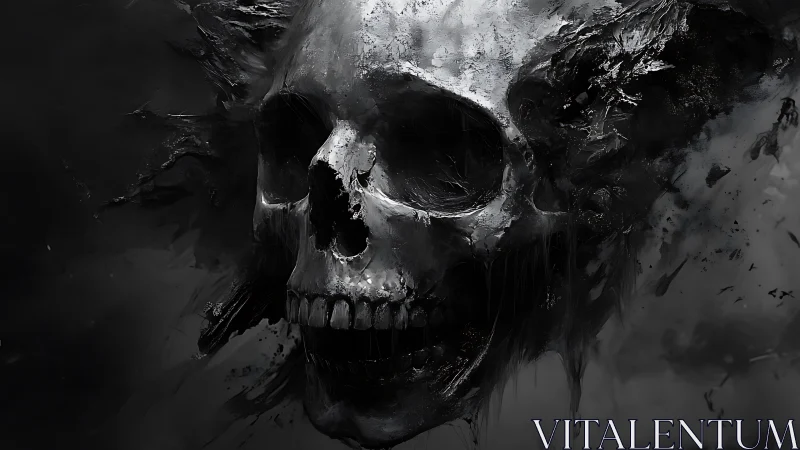 Eroded skull emerges from turbulent monochrome smoke and debris