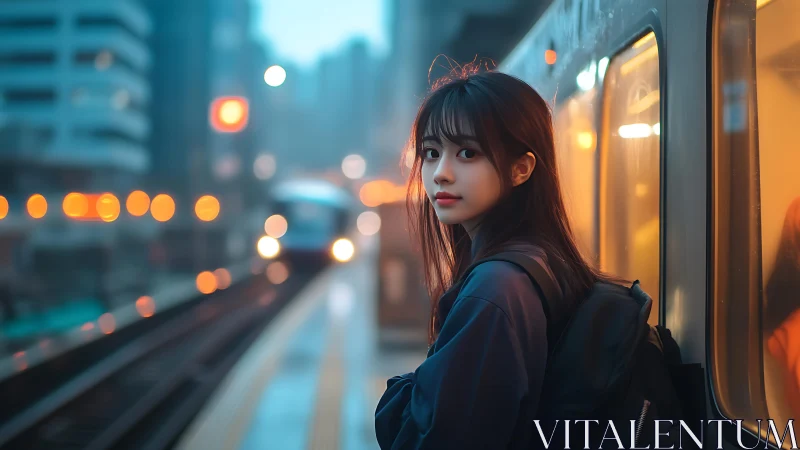 Girl waits on a misty city platform as evening lights glow