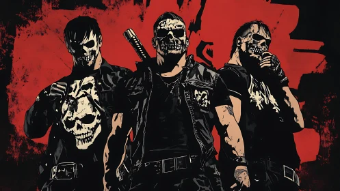 Skull-masked outlaw trio on bold red graphic backdrop.