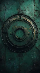 Rust-ringed emerald vault door in industrial stillness.