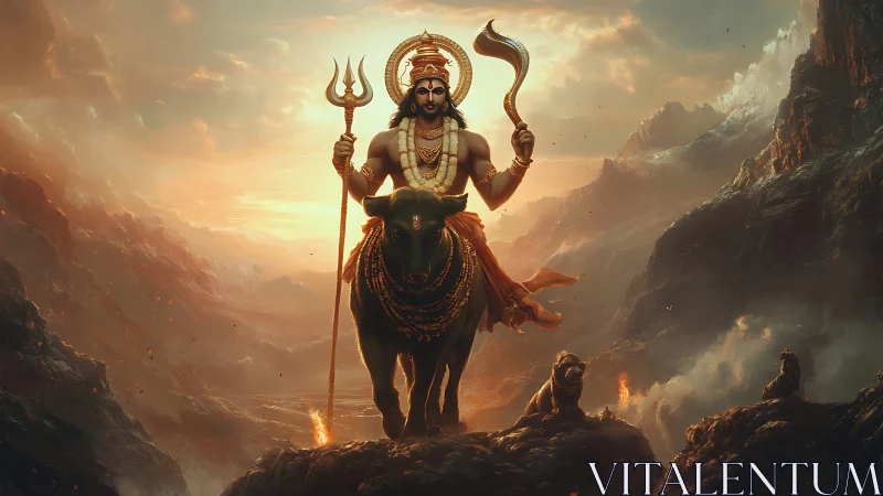 Radiant mountain deity rides a sacred bull through glowing dusk