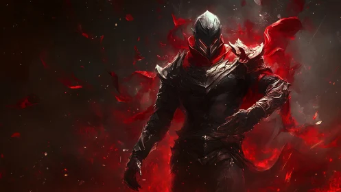 Dark armored warrior emerges amid swirling crimson energy