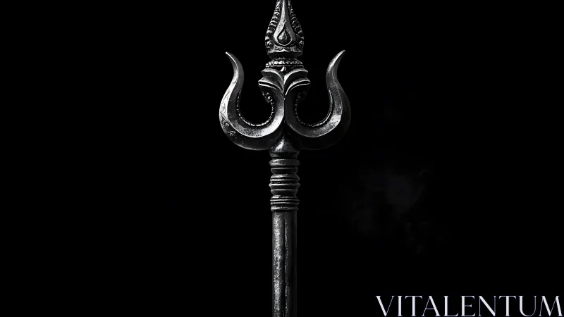 Ornate trident spear glows against deep black background.